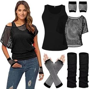 WILDPARTY Women Casual Sexy 80s Costumes Fishnet Neon Off Shoulder T-Shirt, Size: XL