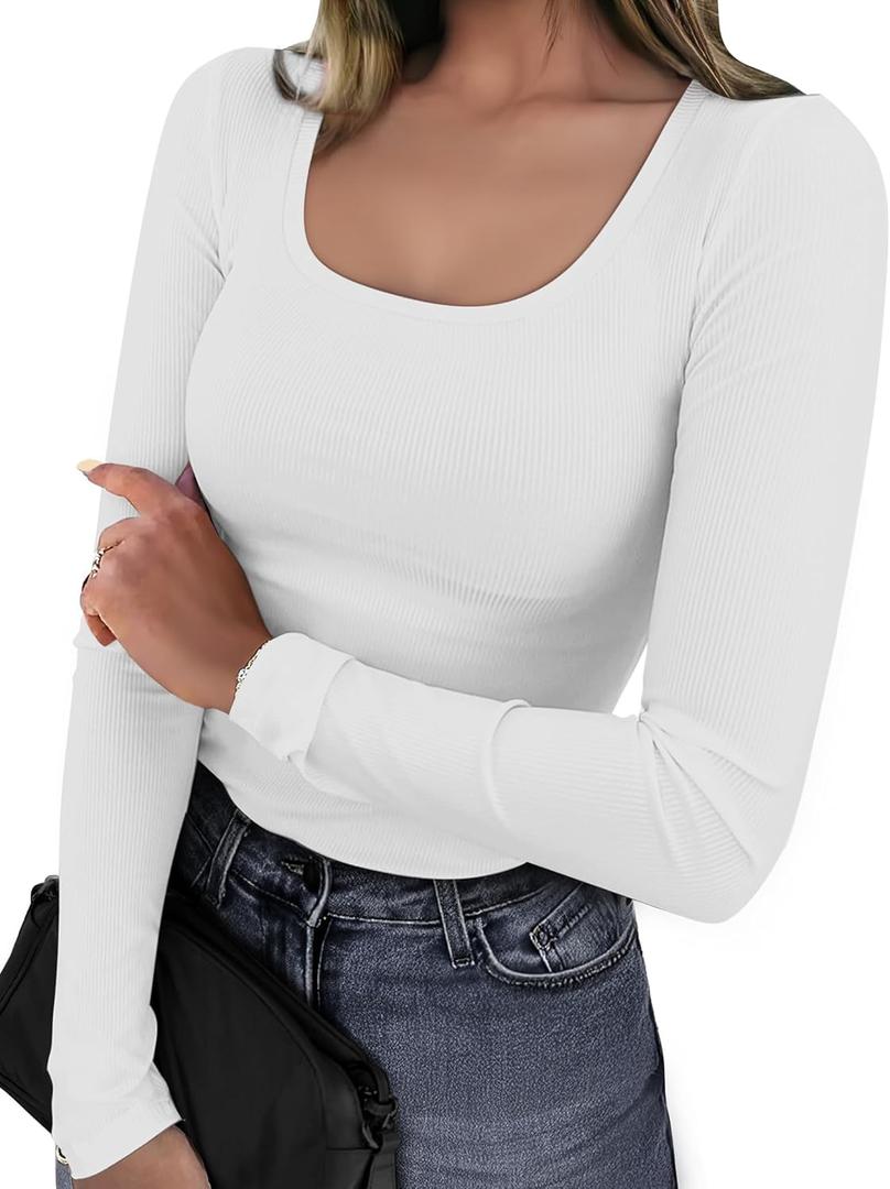 YOGINGO Womens Basic Long Sleeve Ribbed Knit Shirts Scoop Neck Fitted Casual Tops Slim Fit Going Out T-Shirts (X-Large)