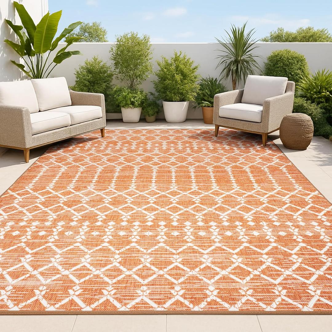 JONATHAN Y SMB108P-9 Ourika Moroccan Geometric Textured Weave Indoor Outdoor Area Rug, Bohemian Rustic Scandinavian Easy Cleaning, Bedroom, Kitchen, Backyard, Patio, Non Shedding, 9 X 12, Orange/ Cream