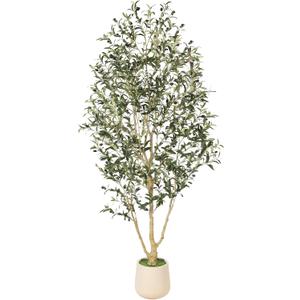 FEELEAD Faux Olive Tree 7ft with Planter - Realistic Artificial Indoor Tall Fake Potted Olive Tree with Natural Wood Trunk & Green Leaves, Elegant Tree for Home Office Decor