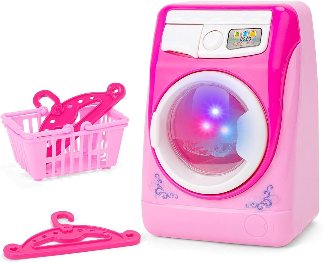 deAO Washing Machine Toy for Kids Dollhouse Furniture Pretend Play Household Appliance Laundry Play Set with Rotatable Roller for Boys Girls