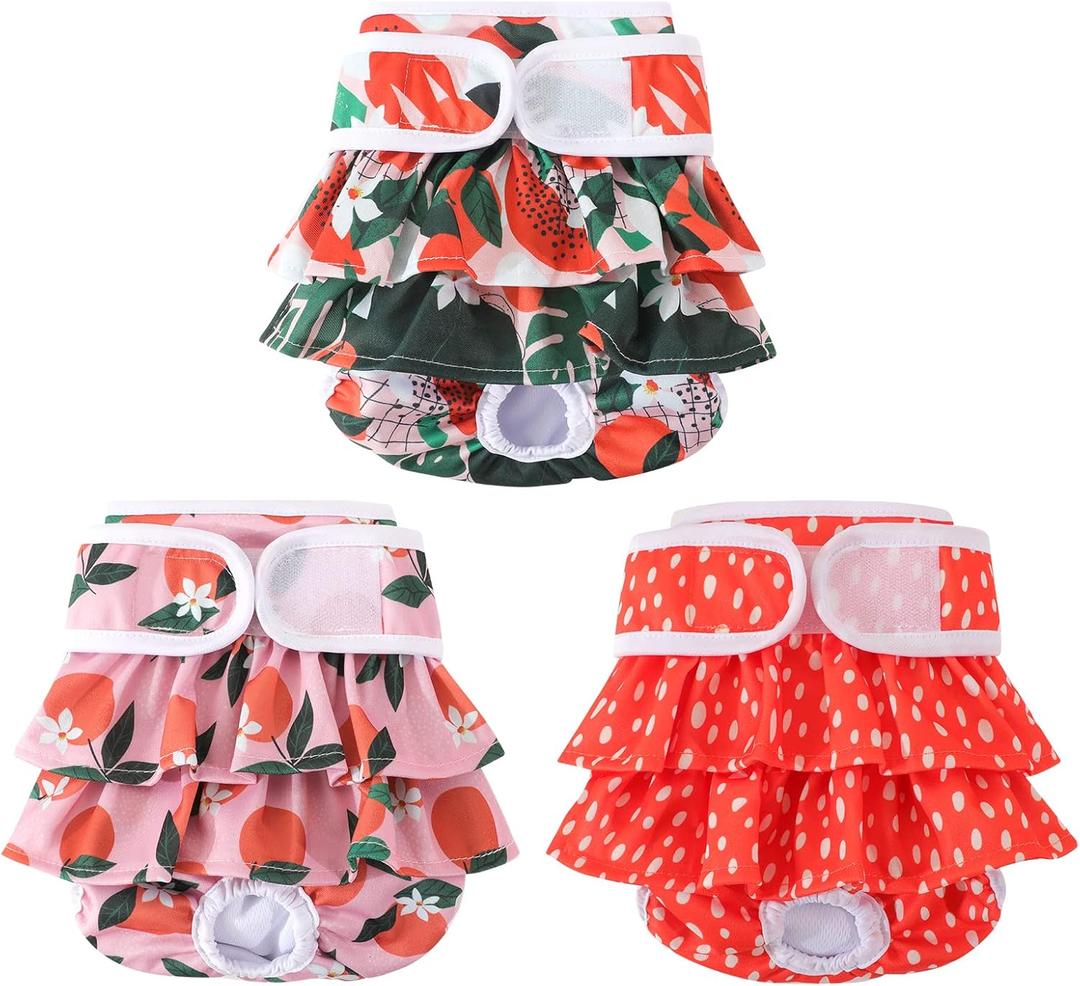 Reusable Dog Diapers Female 3 Pack Washable Premium Highly Absorbent Doggie Diapers, Flexible Puppy Diapers, Durable Leak-Proof Fruit Dog Diapers for Period Heat Incontinence Puppy Training, S