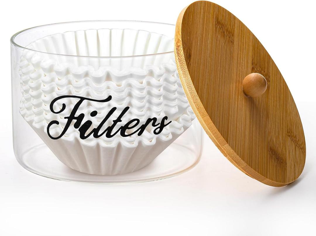 Coffee Filter Holder with Bamboo Lid, Clear Large Coffee Pod Holder for Counter, Coffee Filter Dispenser Basket, Glass K Cup Countertop Storage Container for Kitchen Cafe Bar Accessories