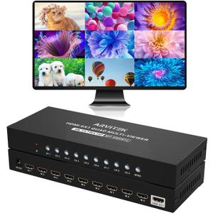 HDMI Multi-Viewer 9x1, 4K@30Hz Quad Seamless HDMI Multiviewer Switcher 9 in 1 Out w/Remote for Security Camera, PC, Laptop, Fire Stick, Roku, Game (8 Display Modes)