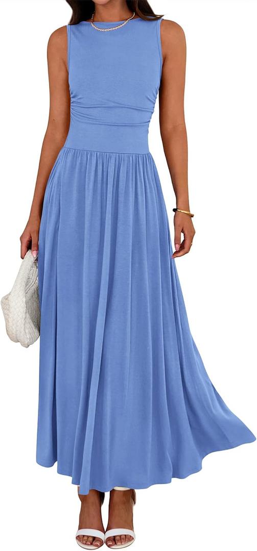 BTFBM Summer Maxi Dresses for Women 2026 Spring Sleeveless Casual Ruched High Waisted Long Sundress Flowy Beach Dress (Small, Light Blue)