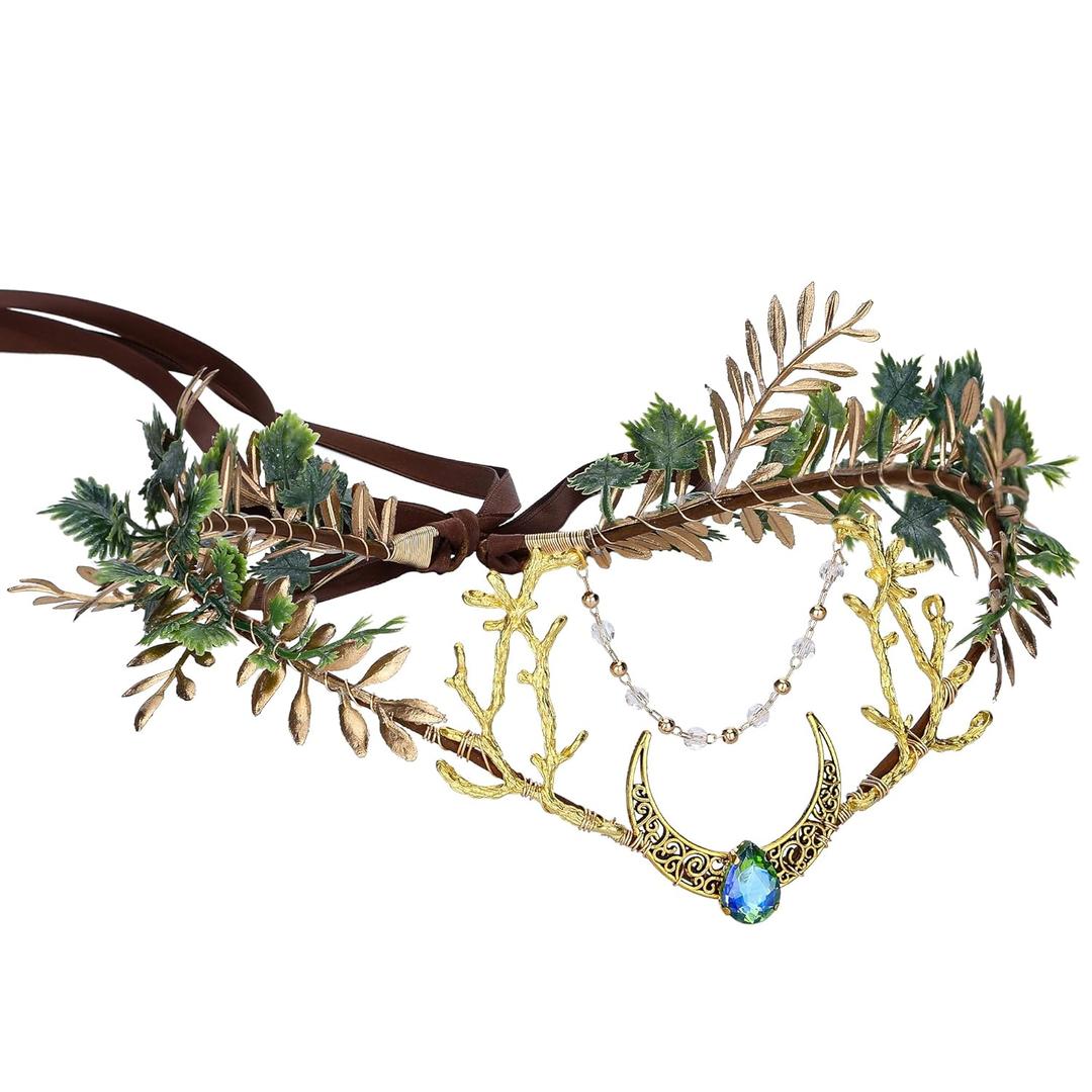 MOSTORY Flower Fairy Crown Headband - Woodland Elf Headpiece Forest Floral Circlet for Renaissance Accessory Women Halloween Cosplay Fairy Aesthic Photo Shoot (Green)