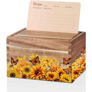 InnoBeta Sunflower Gifts Recipe Box, Recipe Card Holder Box with 50 4x6 inch Recipe Cards, 10 Dividers, Recipe Organizer for Sunflower Lovers with 4 Sides Printed