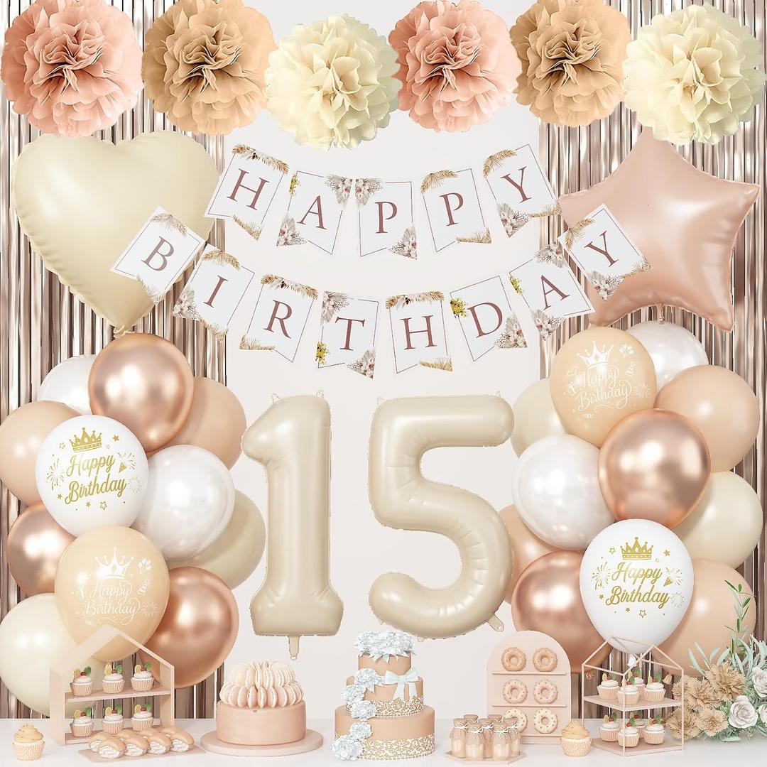 15th Cream Birthday Decorations for Girls, Beige Foil Number Heart Brown Star Balloon Neutral White Gold Nude Latex Balloons with Boho Birthday Banner Fringe Curtain Paper Pom Poms Baby Shower Decor