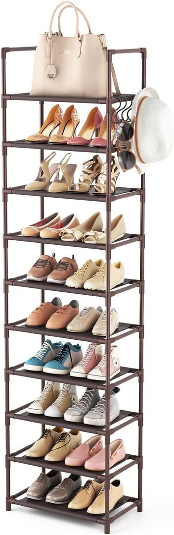 LANTEFUL 10 Tiers Tall Shoe Rack 20-25 Pairs Boots Organizer Storage Sturdy Narrow Shoe Shelf for Entryway, Closets with Hooks, Brown (10 Tier-68" High-17" Wide)