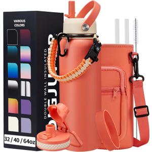 40 oz Stainless Steel Water Bottles with Straw and Auto Spout Lids, Wide Mouth Metal Thermo Bottles for Gym, Leak Proof & BPA-Free Water Flask Jug with Paracord Handle & Carrier Bag with Strap (Coral Orange)