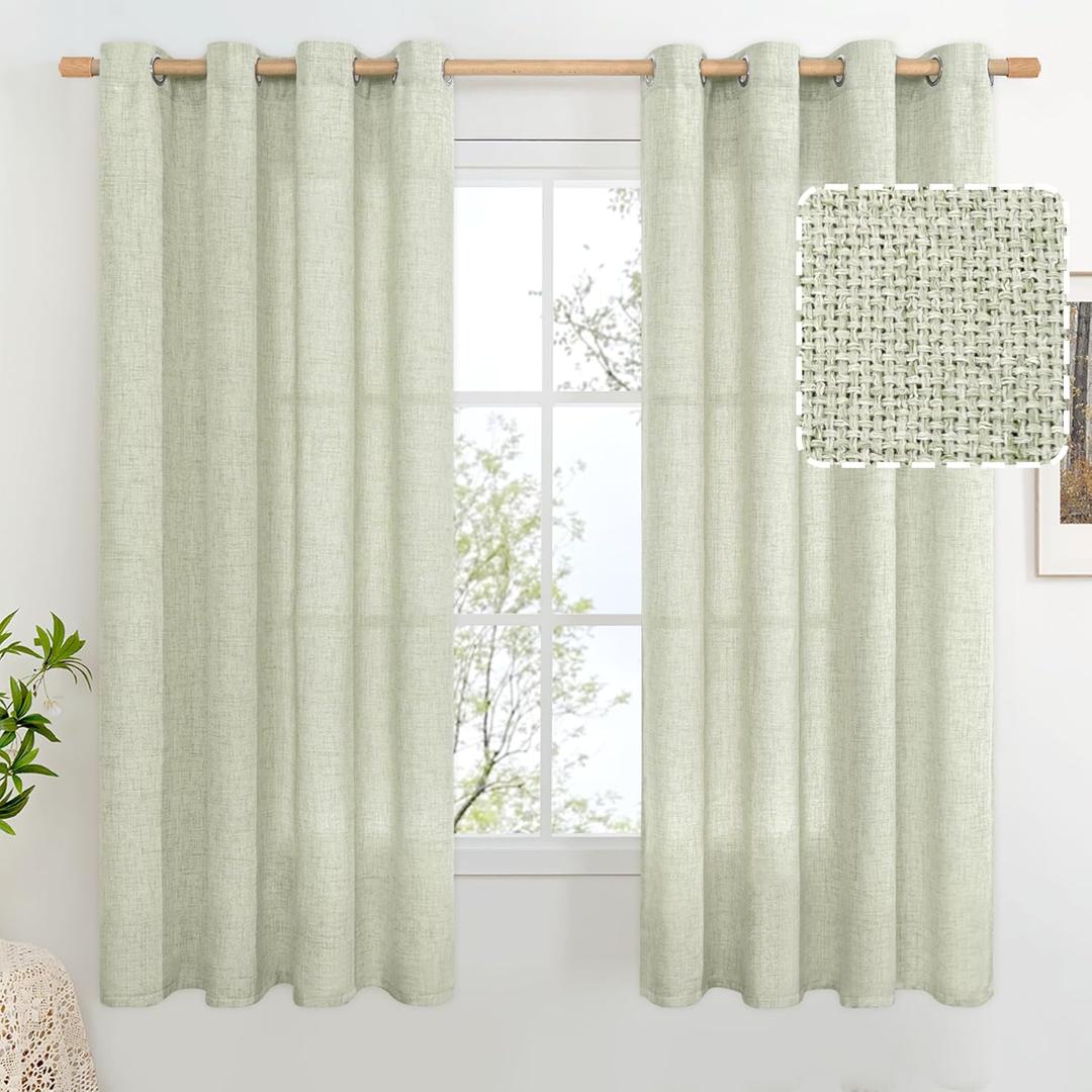 BGment Sage Green Linen Curtains 63 Inch Length 2 Panels - Burlap Textured Light Filtering Window Treatments Grommet Sheer Drapes for Farmhouse Bedroom, 52 X 63 Inch