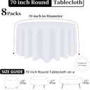 8 Pack White Round Tablecloth 70 Inch White Table Cloth (Fits 24-58 Inch Tables) Stain and Wrinkle Resistant Reusable and Washable Polyester Fabric for Buffet Wedding Party and Banquet