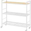 3-Tier Metal Storage Rack with Industrial Wheels,Mesh Shelving Unit with Wooden Table top,Adjustable Shelf,31.5-Inch Width, for Kitchen, Laundry,Pantry,Plant,Oak panel and white frame