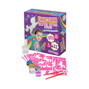 GirlZone 33 Fun Pieces Unicorn Glitter Tattoo Kit for Kids, Face & Skin-Friendly, Includes 24 Stencil Designs, 6 Colorful Cosmetic Glitters, 2 Brushes & 1 Body Adhesive, For Ages 3+