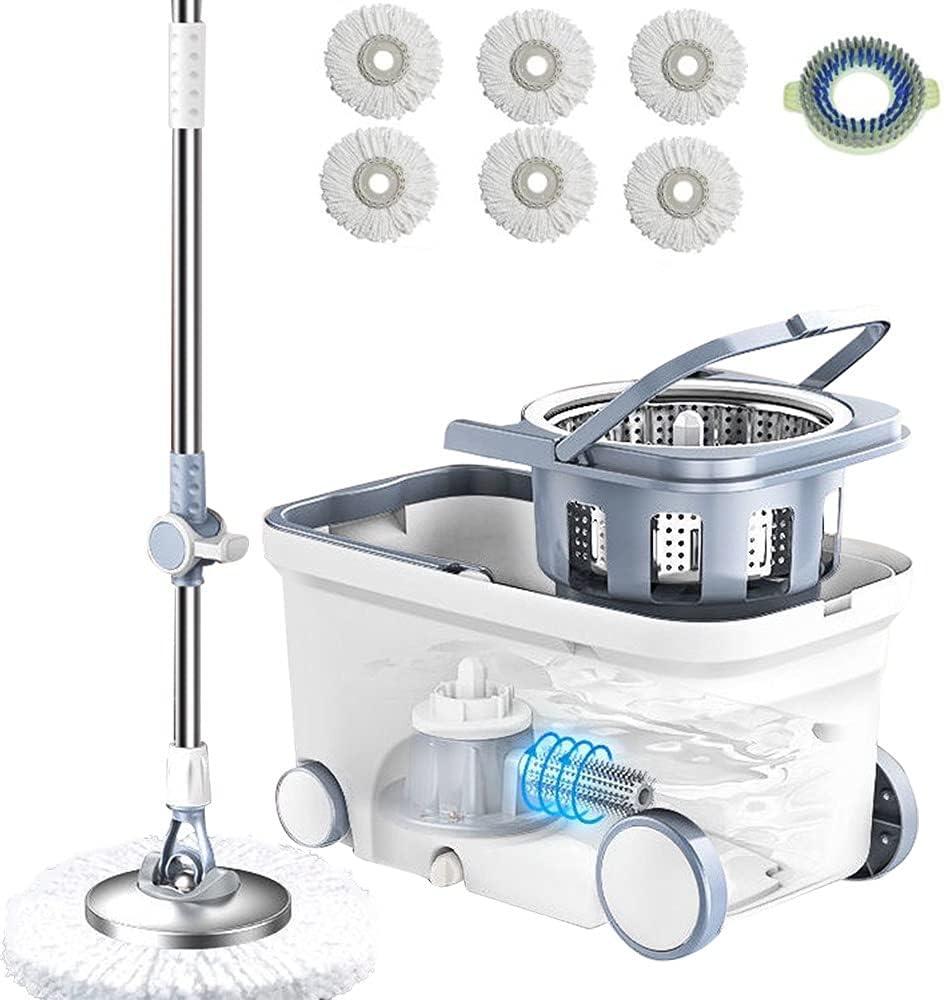 Michao Spin Mop Bucket Deluxe 360 Spinning Floor Cleaning System with 6 Microfiber Replacement Head Refills,62" Extended Handle,4X Wheel for Home Cleaning