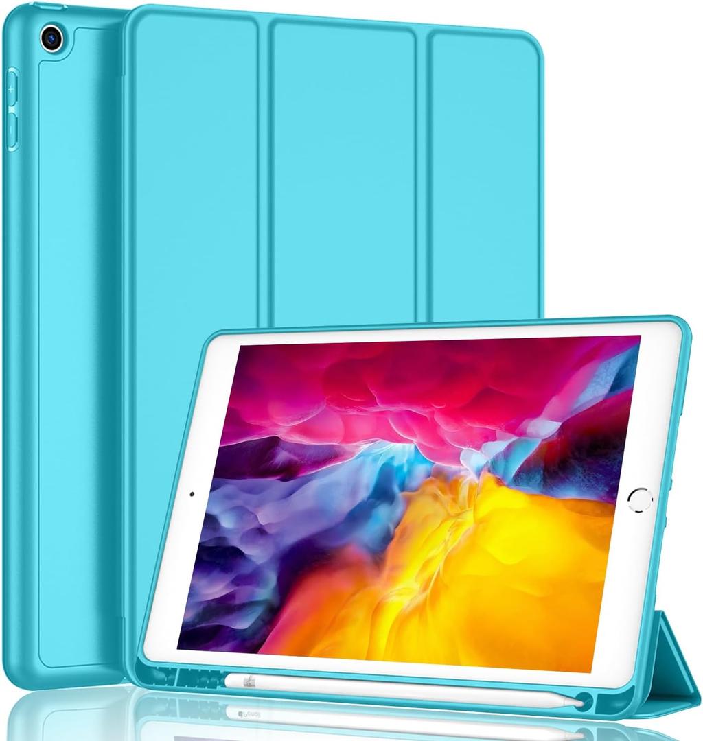 iMieet iPad 9th Generation Case 2021/iPad 8th Generation Case 2020 10.2 Inch with Pencil Holder, iPad 7th Gen 2019 Case with Soft Baby Skin Silicone Back, Auto Wake/Sleep Cover (Cyan)