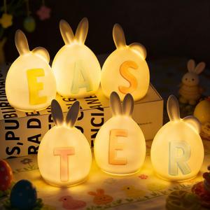 NEROSUN 6 Pack Easter Lettered Bunny Decorations, Ceramic Lighted White Rabbit Figurines Ornaments, Table Centerpiece for Easter Party, Spring Home Decor and Shelf Display