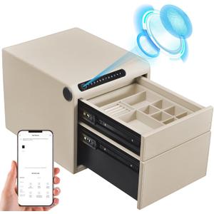 Jewelry Safe with DrawersBiometric Fingerprint safe, Slide-Away Handgun Safe for Pistols, Leather Wrapped Jewelry Storage Safe, Digital Keypad & Quick-Access Drawer(White- 2 Drawer)