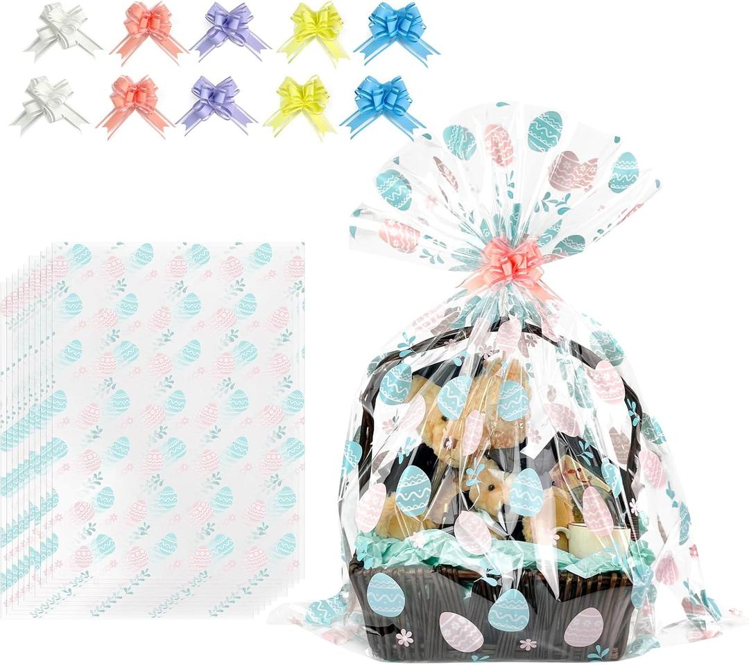 EKAPACKAGING 10Pcs 30x40 Inches Jumbo Easter Basket Bags with Pull Ribbons, Easter Pastel Egg Pattern Cellophane Wrap for Gift Baskets, Large Easter Gift Bags for Toys & Trays