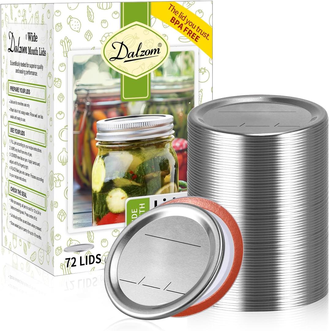Dalzom 72Pcs Canning Lids Wide Mouth, Premium Mason Jar Lids for Ball, Kerr Jars - Food Grade Material, 100% Fit & Airtight for Wide Mouth Mason Jars