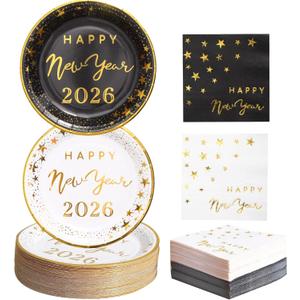Winoo Design 100PCS Bulk New Year Plates and Napkins Party Supplies - Serves 50PK- 2026 Happy New Year Eve Party Decor Decorations Party Favors