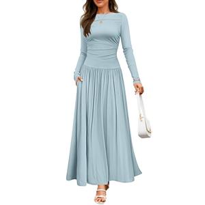 ZESICA Women's Long Sleeve Fall Maxi Dress 2025 Crewneck Knit Casual Slim Swing Pleated Dresses with Pockets,Sky,Small