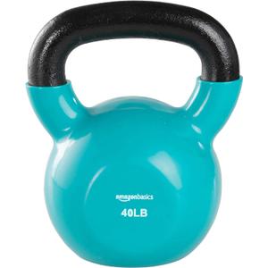 Amazon Basics Vinyl Coated Cast Iron Kettlebell for Strength Training, 40 Pounds, Textured Wide Handle, Full Body Workout, Light Blue