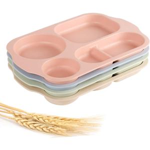 shopwithgreen Divided Plates for Kids Adults, 12 Inch Unbreakable Wheat Straw Portion Control Plates, Large Lightweight Reusable Compartment Lunch Trays, BPA Free Dishwasher & Microwave Safe, 4 Pack(Blush)