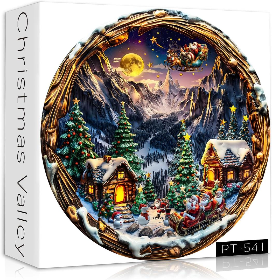 Round Christmas Puzzles for Adults 1000 Pieces, Winter Scene Christmas Eve with Snow Village Santa Claus Snowman Tree Puzzle, Unique Holiday Vintage Jigsaw Puzzles Challenge for Adults