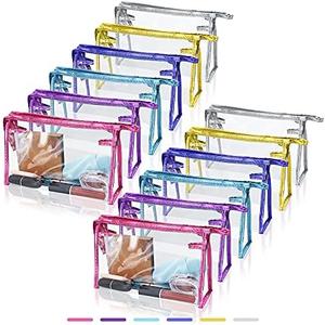 SITAKE 12 Pcs Portable Transparent Cosmetic Bags, Clear Waterproof Makeup Bags with Handle, PVC Travel Toiletry Bags Pouches, Clear Pencil Cases, Stationary Organizers(6 Colors)
