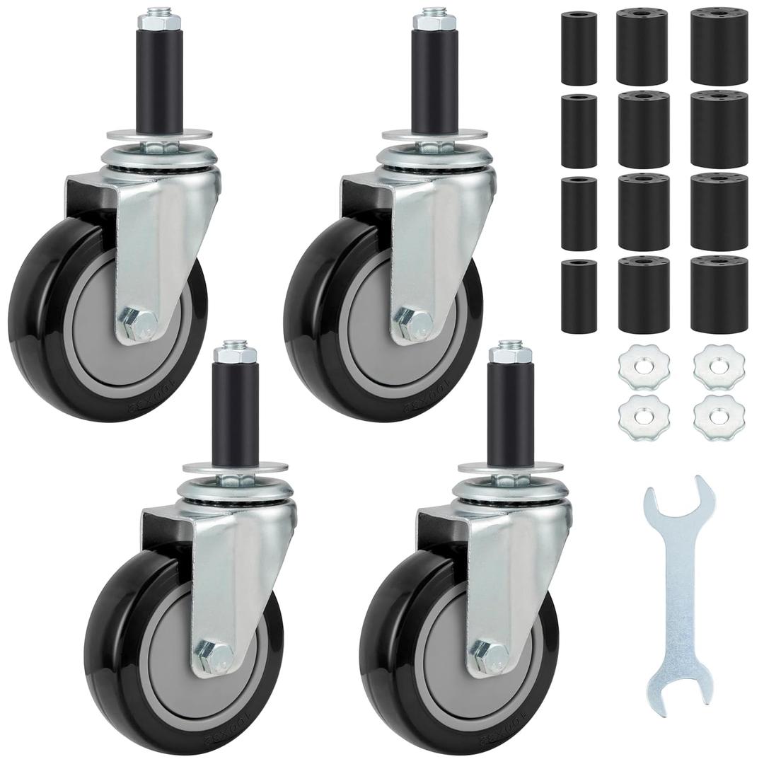 Finnhomy 4 Inch Prep Table Cater Wheels Set of 4 Heavy Duty Expanding Stem Casters Fit 7/8", 1", 1-1/2" and 1-5/8" Tube Leg for Stainless Steel Furniture Legs, Worktable, Commercial Kitchen Workbench (4" (No Brake), Black)
