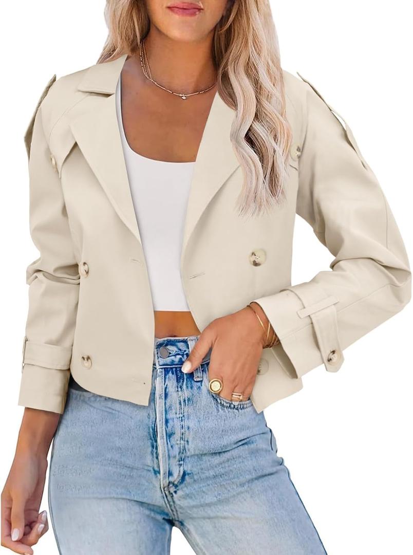 Imily Bela Womens Lapel Trench Coat Double Breasted Cropped Jacket Casual Outwear with Belt (Beige)