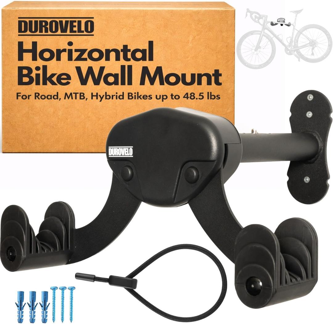 Bike Wall Mount - Horizontal Wall Hanger, Adjustable Design for Road, Mountain and Hybrid Bikes up to 48.5 lbs - Space-Saving Bike Rack for Garage or Apartment - Sturdy Indoor Bicycle Storage (2 Pack)