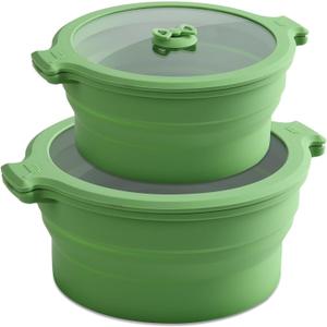 Collapsible Silicone Microwave Cookware Cooker Steamer for Cooking with Lids, 0.8L and 1.4L Glass Food Storage Container Sealed Bowl Mixing Bowls 2pc Set BPA Free (Green)