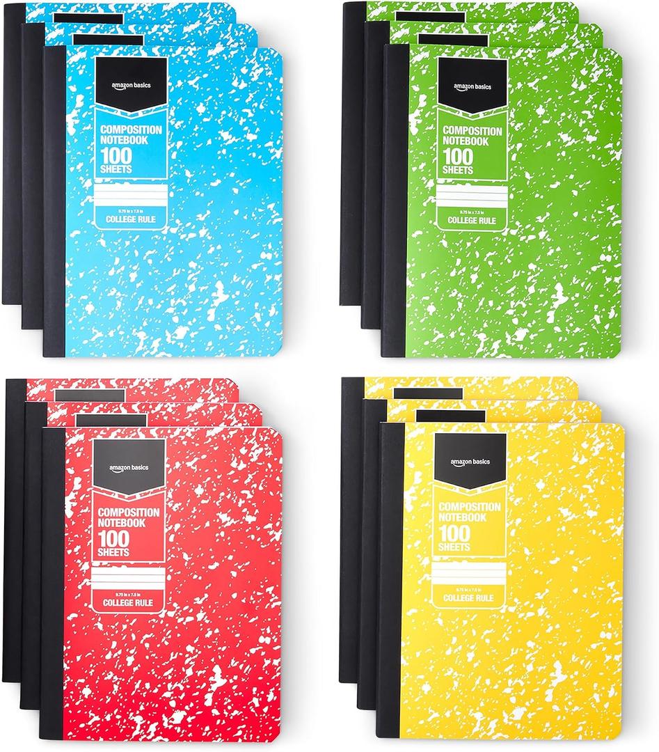Amazon Basics Composition Notebook, College Ruled, 100 Sheets, 9.75" x 7.5", Assorted Marble Colors, 12-Pack