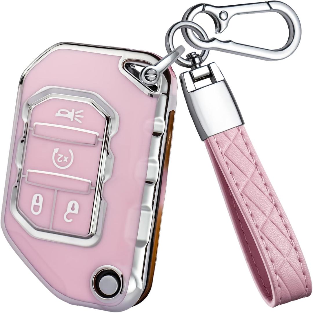 for Jeep Key Fob Cover - TPU Key Shell Case Protector Compatible with Jeep Wrangler JL JLU Rubicon Gladiator JT Sahara 4 Buttons Flip Car Key, Pink (Sliver-Edge-Pink)