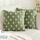 ANRODUO Pack of 2 Sage Green Floral Boho Decorative Throw Pillow Covers with Tufted Rhombic Jacquard for Room Decor Pillow Covers 18x18 Cute and Soft Pillowcase for Couch Sofa and Living Room Fall