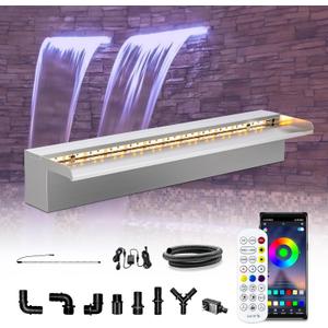 LONGRUN Waterfall Pool Fountain, Updated 5.9'' Wider Open Lip Stainless Steel Waterfall Spillway, Decorative Water Feature for Swimming Pools, Koi Ponds, Spa & Garden - 23.6'' (23.6" Regular (Remote & APP Control))