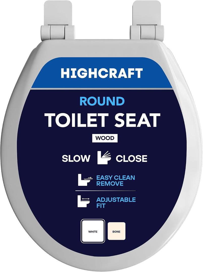 HIGHCRAFT Premium Round Toilet Seat with Slow-Close Design, Adjustable Hinges & Quick Removal Mechanism - Molded Wood Toilet Seat - Fits Standard Round Toilets - Toilet Seat in White