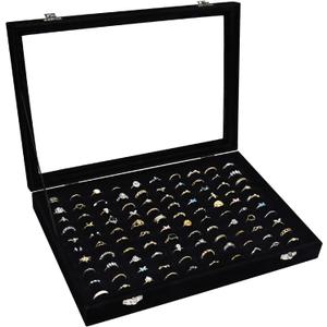 Siveit Velvet Ring Display Tray Organizer Box with Transparent Lid, 100 Slot Ring Holder Showcase For Store Display Jewelry Show Home, Ring Organizer For Rings Earrings (Black)