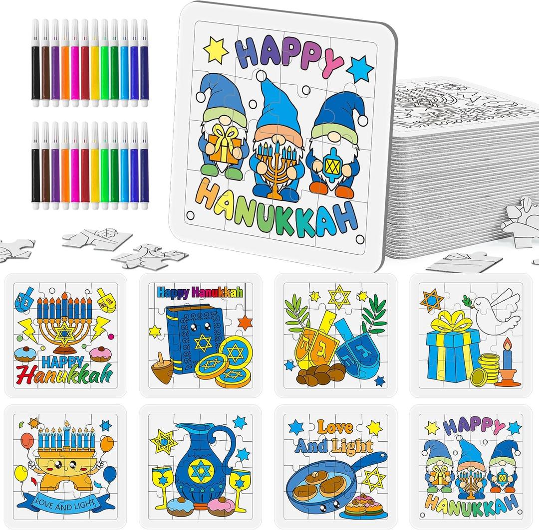 Cinrobiye 24 Sets Hanukkah Coloring Jigsaw Puzzles Bulk Chanukah Puzzle Crafts with Color Pens Festival of Lights Gifts for Winter Holiday Hanukkah Party Favors Home School Art Project Activity Decors