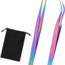 2pcs Precision Nail Art Eyelash Extension Tweezers - Stainless Steel False Lash Application Tools, Curved & Straight Tip