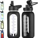 32 oz Glass Water Bottle with Straw and Handle, Sports Motivational Water Flask with Silicone Sleeve, Large Leakproof Water Flask Cup with Time Marker for Travel, Gym, Black
