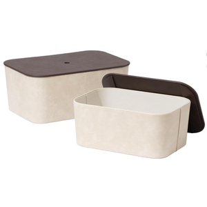 La Jolie Maison Storage Baskets with Lids, Stackable Storage Boxes Set of 2, Velvet Liner and Vegan Leather Lid, Decorative Box for Organizing Office Bedroom Shelf, Beige