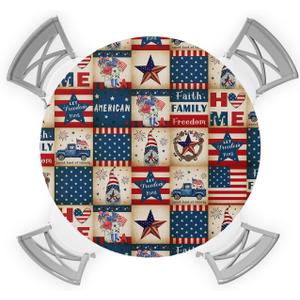 Chucoco Independence Day Plaid Round Fitted Table Cover for Dining Tables,Elastic Edged Tablecloth USA Patriotic Star Waterproof Tables Cover Cloths for Kitchen Dinner,Party,Events,Wedding Khaki (Dark Blue)