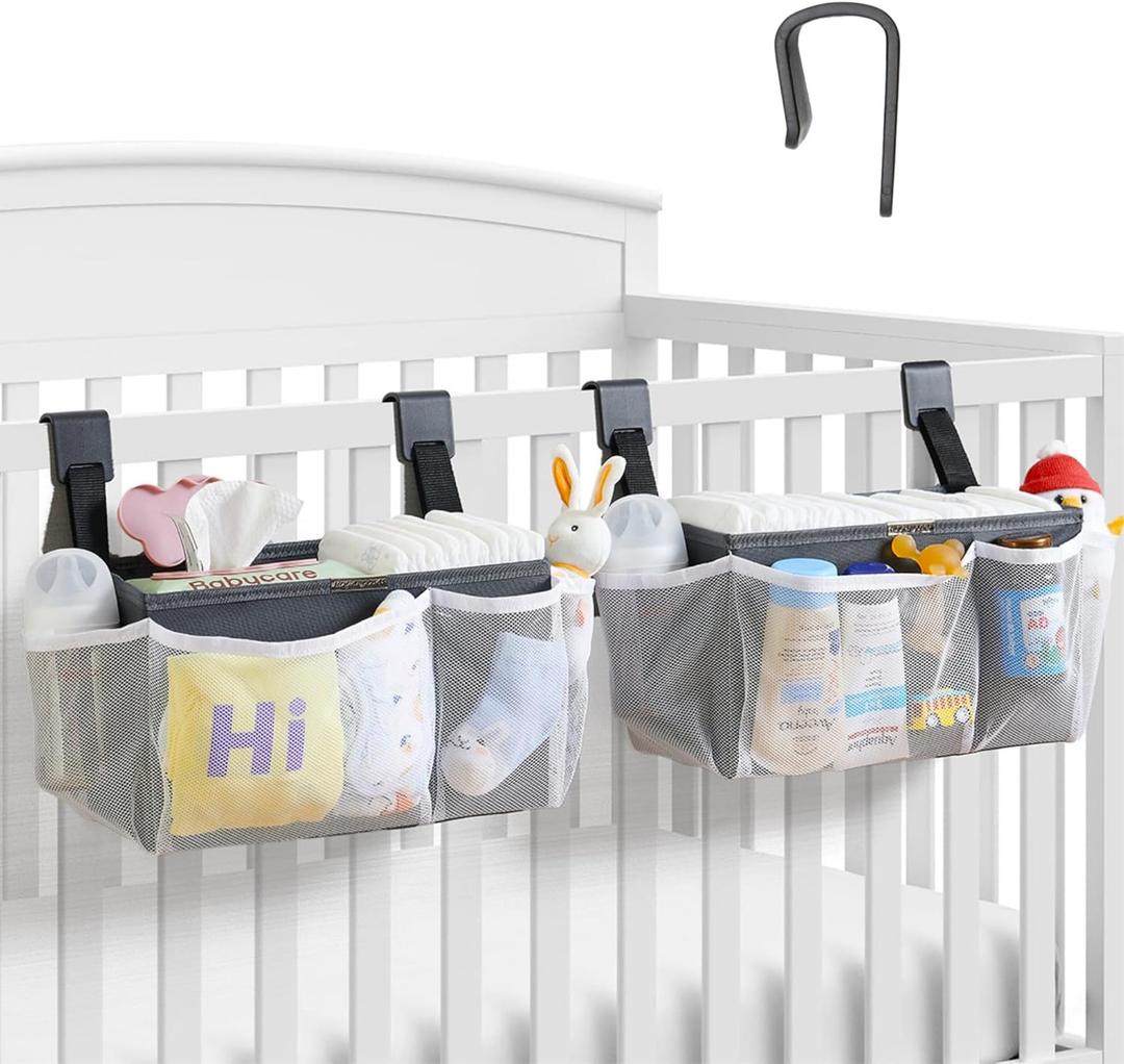 2-Pack Hanging Diaper Organizer for Crib & Changing Table | 50+ Large Capacity Baby Diaper Caddy, Washable Newborn Essentials Organizer for Baby Girl, Ideal Baby Shower Gifts with Hook Straps