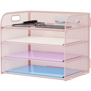Marbrasse 4 Tier Paper Organizer Letter Tray - Mesh Desk File Organizer with Handle, Paper Sorter Organizer for Letter/A4 Office File Folder Holder (Pink, 12.6" x 9.1" x 10.7")