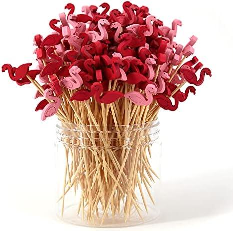 PARTYHIPPO Bamboo Cocktail Picks 200 Pack – Flamingo Toothpicks 4.7 Inch Cocktail Sticks for Appetizers, Fruit, Cheese, Drinks, Party Supplies (Flamingo)