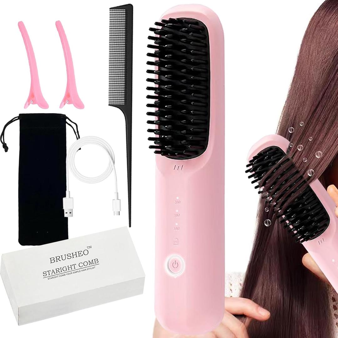 Brusheo Hair Pro Cordless Hair Straightener Brush for Women, Ceramic Heater Surface, 3 Mode Settings, Travel Size, Pink (7.87 inches x 1.77 inches)