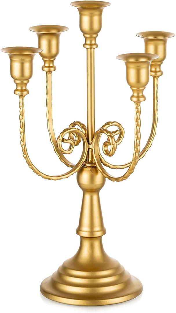Romadedi Candelabra Gold Candle Holders - 5 Arm 11.8" Wedding Candlestick Holder for Theme Party Table Centrepiece Decor Dining Room Birthday Holiday Christmas (1pc)